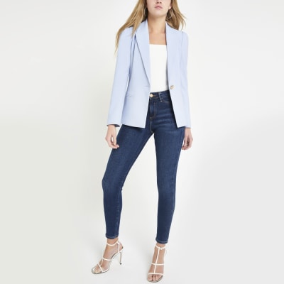 Light blue puff sleeve blazer | River Island