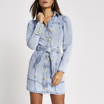 Light blue puff sleeve denim shirt mini dress | River Island