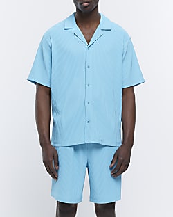 Light blue regular fit plisse revere shirt