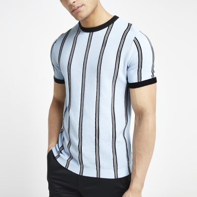 Light blue stripe muscle fit knitted T-shirt