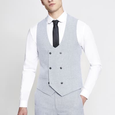 grey waistcoat blue shirt