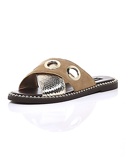 360 degree animation of product Light brown cross eyelet strap wide fit mules frame-0