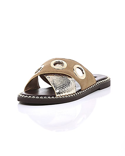 360 degree animation of product Light brown cross eyelet strap wide fit mules frame-1
