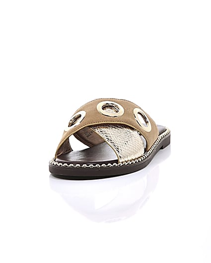 360 degree animation of product Light brown cross eyelet strap wide fit mules frame-2