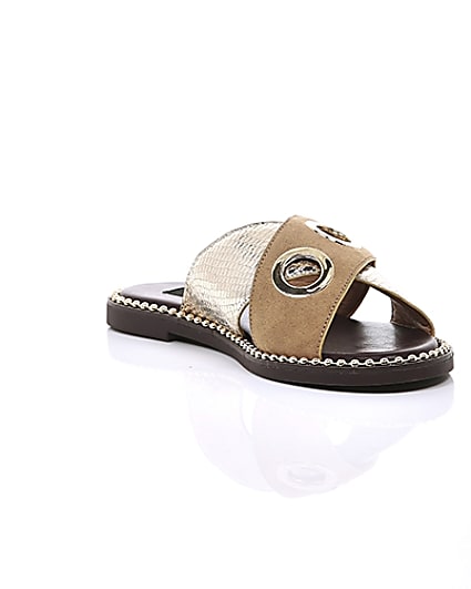 360 degree animation of product Light brown cross eyelet strap wide fit mules frame-6