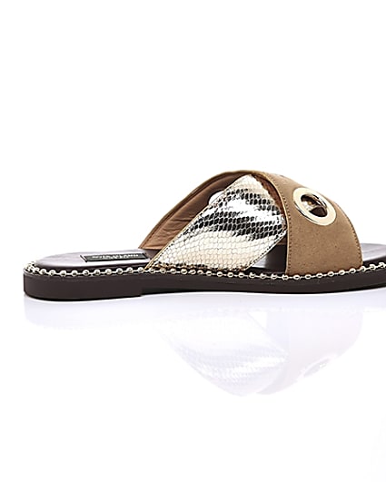 360 degree animation of product Light brown cross eyelet strap wide fit mules frame-10