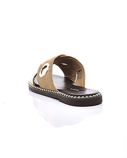 360 degree animation of product Light brown cross eyelet strap wide fit mules frame-17