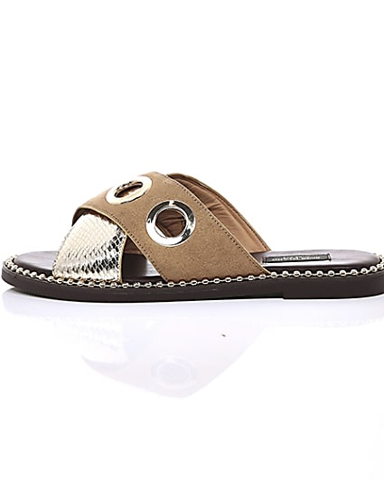 360 degree animation of product Light brown cross eyelet strap wide fit mules frame-21