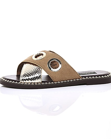 360 degree animation of product Light brown cross eyelet strap wide fit mules frame-22