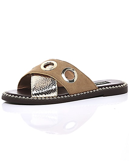 360 degree animation of product Light brown cross eyelet strap wide fit mules frame-23