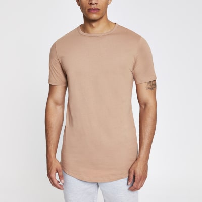 Light brown curved hem longline T-shirt | River Island