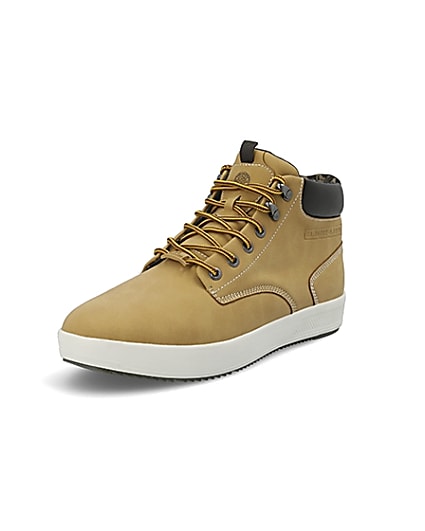 360 degree animation of product Light brown mid top trainers frame-0