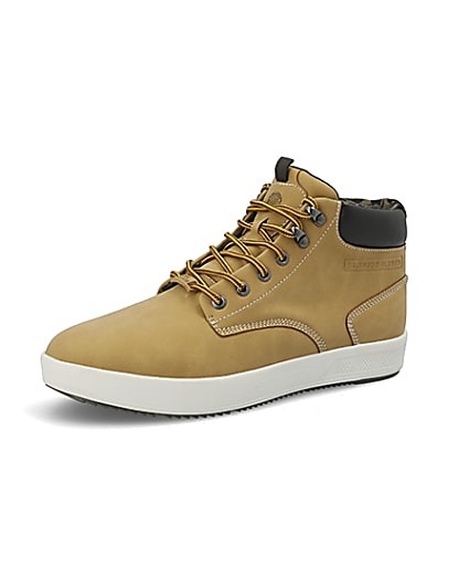 360 degree animation of product Light brown mid top trainers frame-1