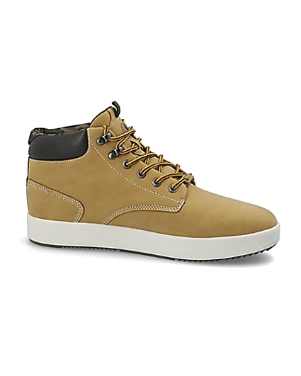 360 degree animation of product Light brown mid top trainers frame-16