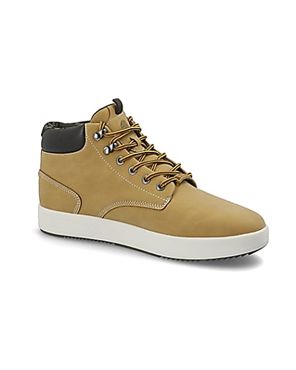 360 degree animation of product Light brown mid top trainers frame-17