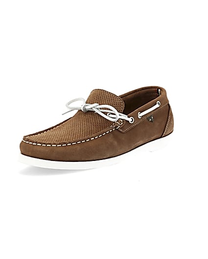 360 degree animation of product Light brown suede boat shoes frame-0