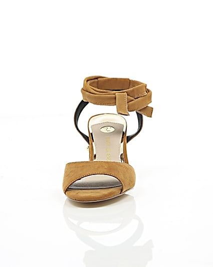 360 degree animation of product Light brown tie up embellished heel sandals frame-3