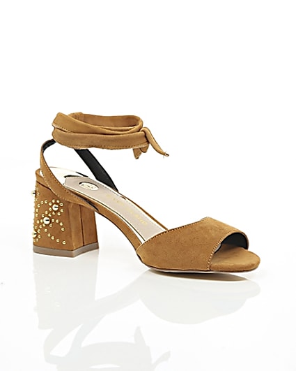 360 degree animation of product Light brown tie up embellished heel sandals frame-7