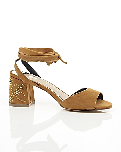 360 degree animation of product Light brown tie up embellished heel sandals frame-8