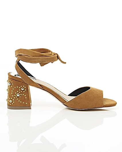 360 degree animation of product Light brown tie up embellished heel sandals frame-9
