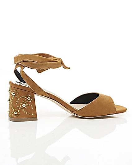 360 degree animation of product Light brown tie up embellished heel sandals frame-10