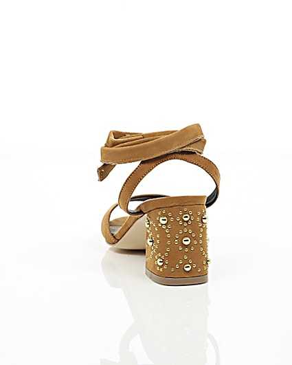 360 degree animation of product Light brown tie up embellished heel sandals frame-16
