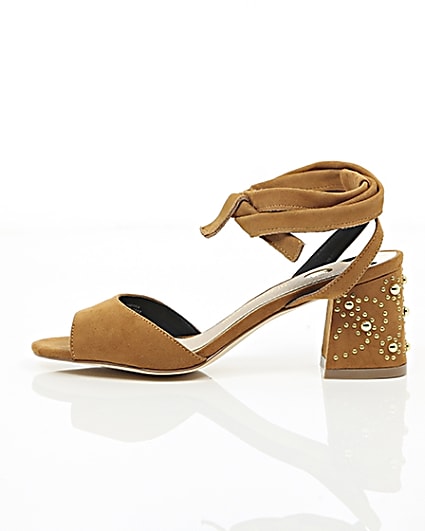 360 degree animation of product Light brown tie up embellished heel sandals frame-21