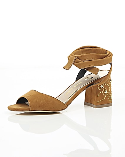 360 degree animation of product Light brown tie up embellished heel sandals frame-23
