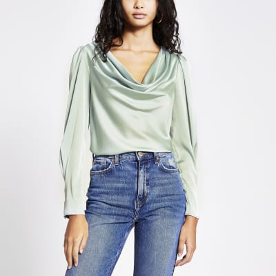 Light green cowl neck satin blouse | River Island