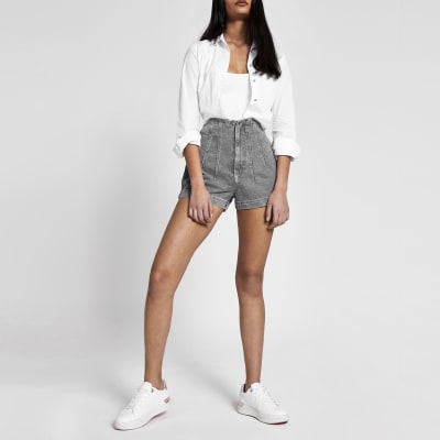 Light grey high rise stitched denim shorts