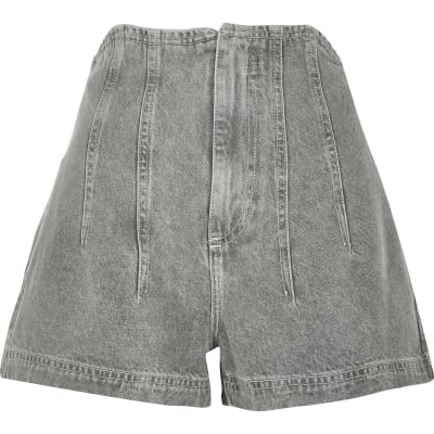 Light grey high rise stitched denim shorts