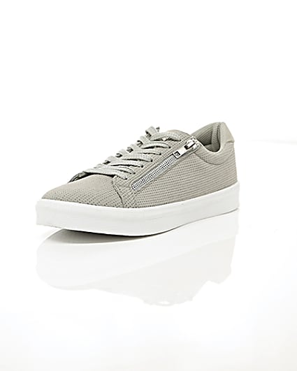 360 degree animation of product Light grey perforated zip lace-up trainers frame-1