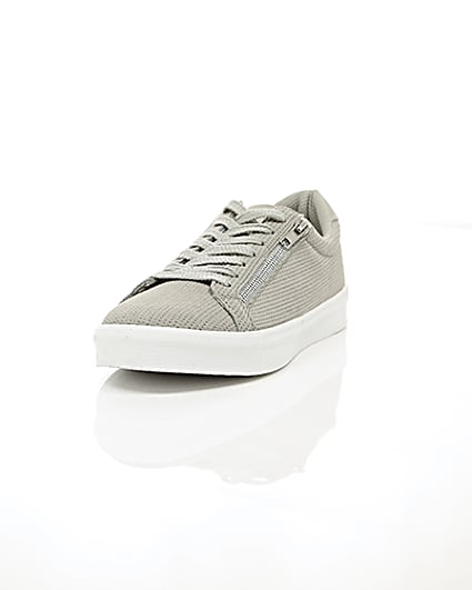 360 degree animation of product Light grey perforated zip lace-up trainers frame-2