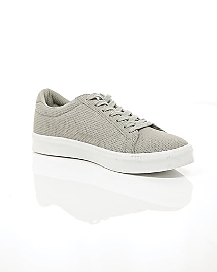 360 degree animation of product Light grey perforated zip lace-up trainers frame-7