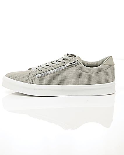 360 degree animation of product Light grey perforated zip lace-up trainers frame-22