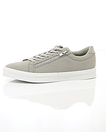 360 degree animation of product Light grey perforated zip lace-up trainers frame-23