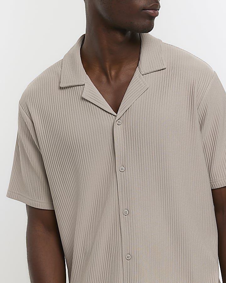 Light grey regular fit revere plisse shirt