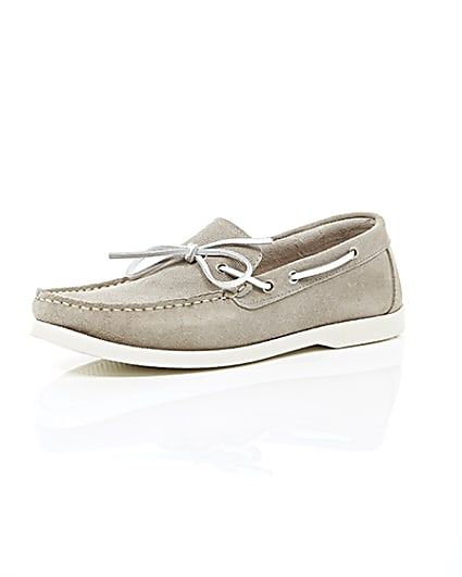360 degree animation of product Light grey suede boat shoes frame-0