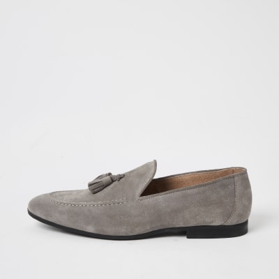 grey loafers with tassels