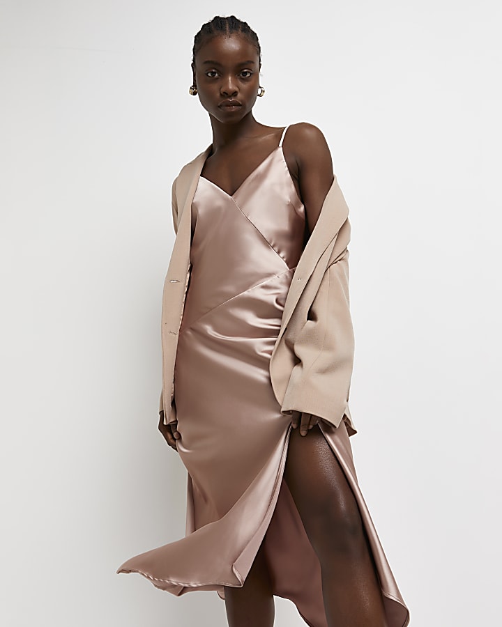Light pink asymmetric midi slip dress