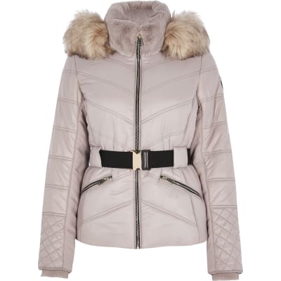 light pink coat with fur hood