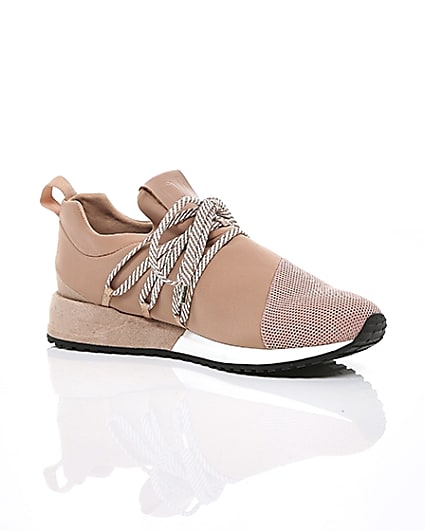 360 degree animation of product Light pink lace-up runner trainers frame-7