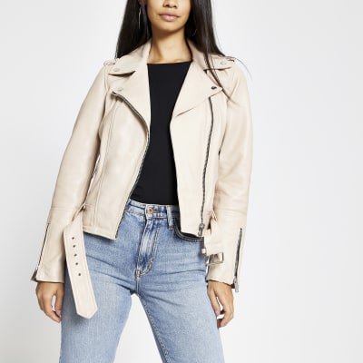 Light pink leather belted biker jacket | River Island