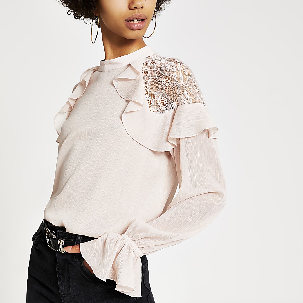 Light pink long sleeve lace frill top | River Island