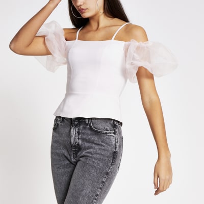 Light Pink Organza Puff Sleeve Bardot Top River Island 1891