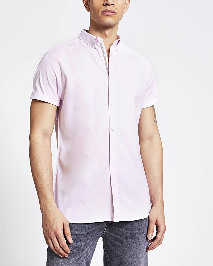 Light pink slim fit short sleeve Oxford shirt
