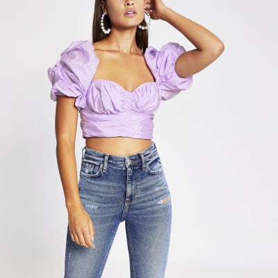 Light purple ruched puff sleeve crop top | River Island