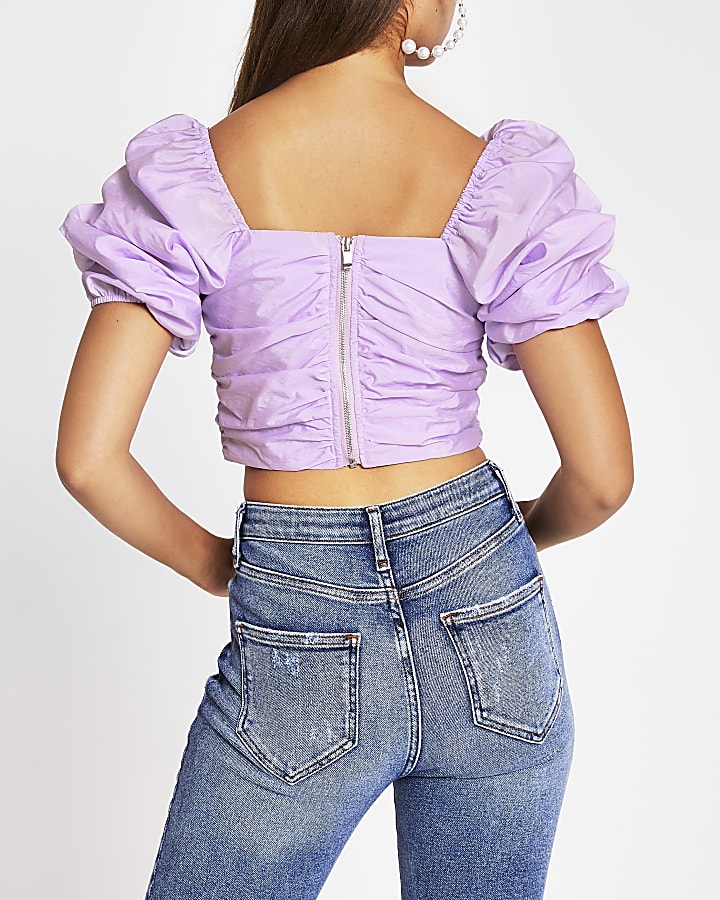 Light purple ruched puff sleeve crop top