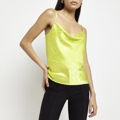 Lime animal print satin cowl neck cami top River Island