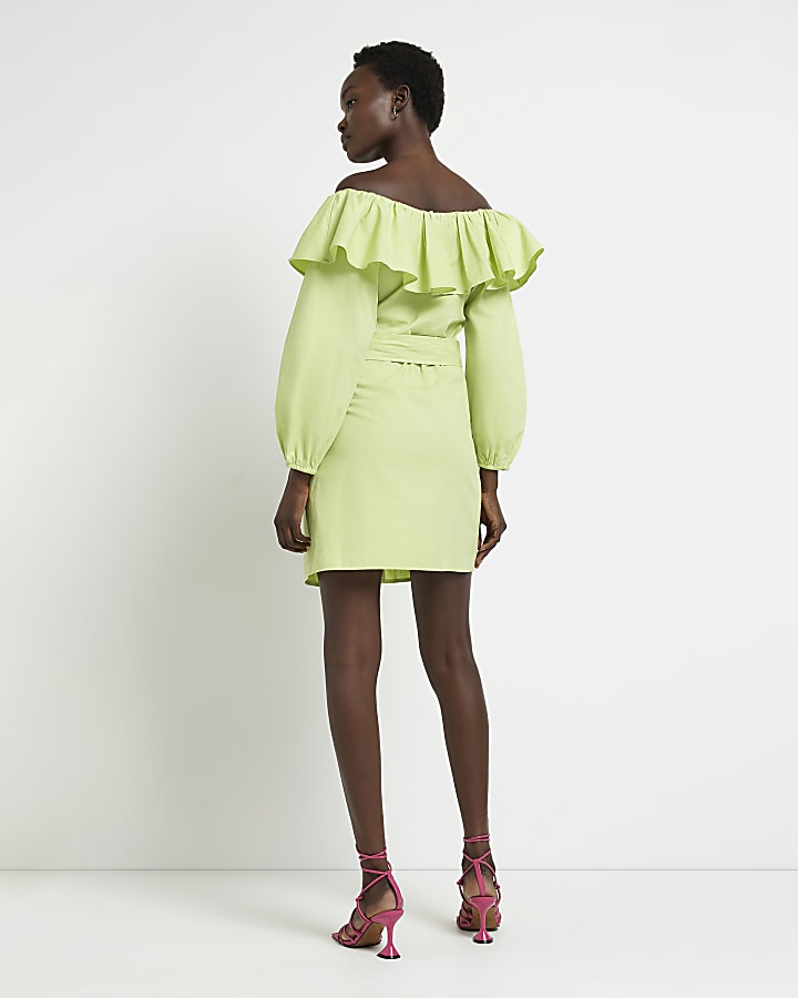 Lime bardot frill mini dress